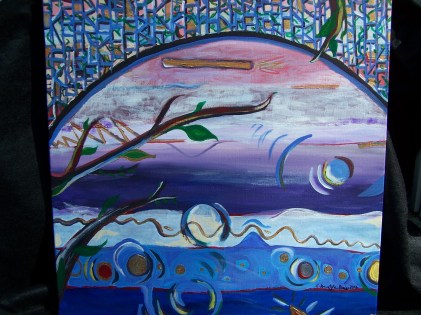 A sample of Cathy's other work. The painting is of a view through a stained glass window, with swirls of color near a tree with a few, but not many, leaves. 