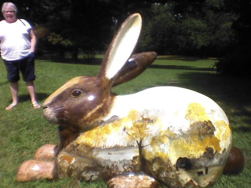 A full-side view of Mother Rabbit, showing the rest of the forest. My mother stands in the background, apparently not realizing that she's part of the five-year-old's picture.  