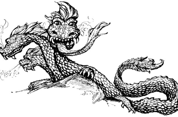 pen and ink sketch of a 3-headed dragon