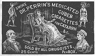 Victorian advertisement for Dr. Perrin's Cubeb Cigarettes, which were often used to treat colds, asthma, and (Image via Wikipedia)