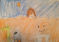 a child's drawing of luke, r2d2, and c3po on Tattooine.