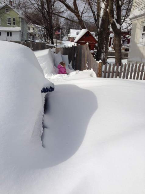 A view down a snow covered driveway. There are cars there, but they are wrapped in a uniform blanket of snow as deep as my five-year-old is tall. And I'm not talking about the drifts. The drifts are much taller.