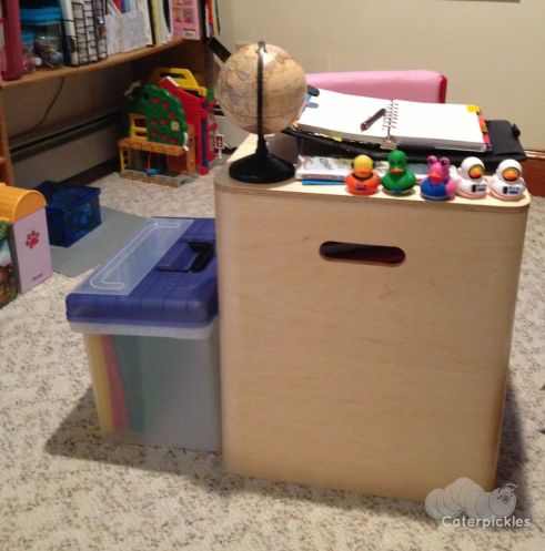 A side product of clearing out my office is that The Six-Year-Old now has an office as well. I can't decide whether I adore the mini-globe or the line of ducks more. My girl's ready for cubicleville! (Photo: Shala Howell)
