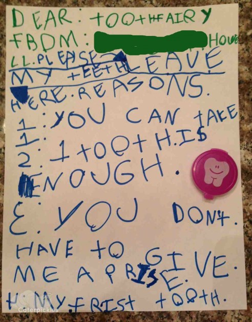 The Six-Year-Old's letter to the Tooth Fairy. (Photo: Shala Howell)