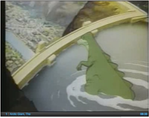 T. Rex wades to the dam in Arctic Giant (Public Domain)