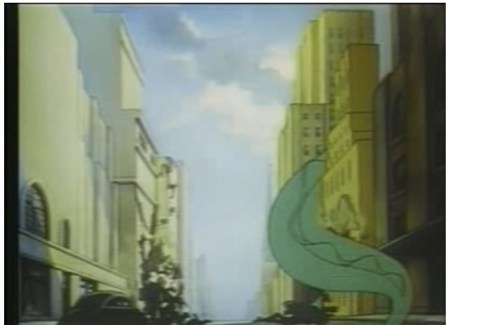 The T. Rex demolishes a building in 1942's Arctic Giant. (Public Domain)