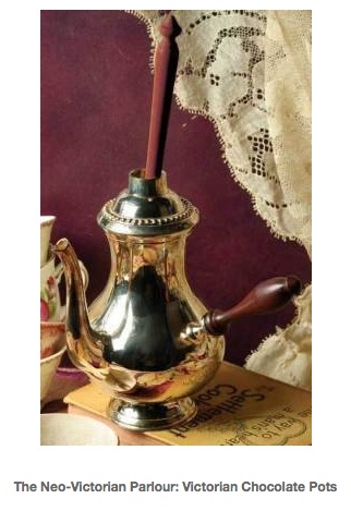 The high cost of hot chocolate made it a strictly aristocratic beverage until 1828 when 1828, when Coenraad Johannes Van Houten of Holland figured out how to make instant cocoa by pressing cocoa butter into a powder. (Photo & history lesson via The Neo-Victorian Parlour)