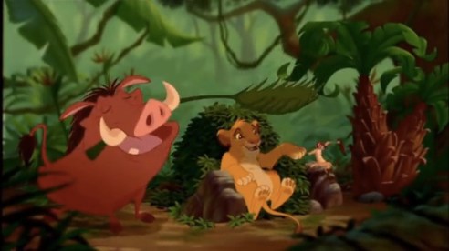 Timon and Pumbaa teach Simba to live in the present ("hakuna matata") in The Lion King. 
