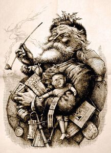 Thomas Nast's 1881 drawing of "Merry Old Santa Claus". (First published in the January 1, 1881 Harper's Weekly, now more readily available via Wikipedia)