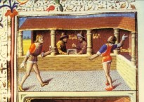 Illustration shows two men playing a version of tennis that doesn't use a net.