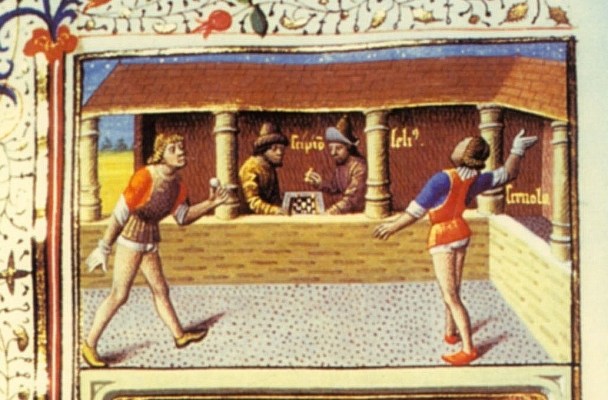 Illustration shows two men playing a version of tennis that doesn't use a net.