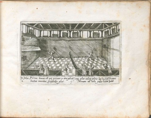 Pencil sketch of an indoor tennis court. It looks like a giant barn adapted to play tennis. It's got very tall walls with wooden beams at the roof, and large open windows just below the roofline to let in light. 