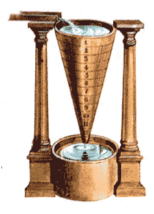 Water clock with a long narrow bronze funnel marked in equal increments with numbers 1-12. The water drips out the bottom of the funnel into a basin. Water flows in the top of the funnel, presumably at a known rate. 