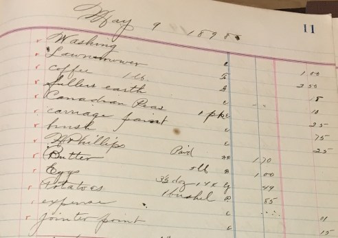 A page from my great-grandfather's ledger. Potatoes appear in the second to last entry in this photograph. Sadly, while I inherited his ledgers, I did not inherit his neat handwriting. (Photo: Shala Howell)
