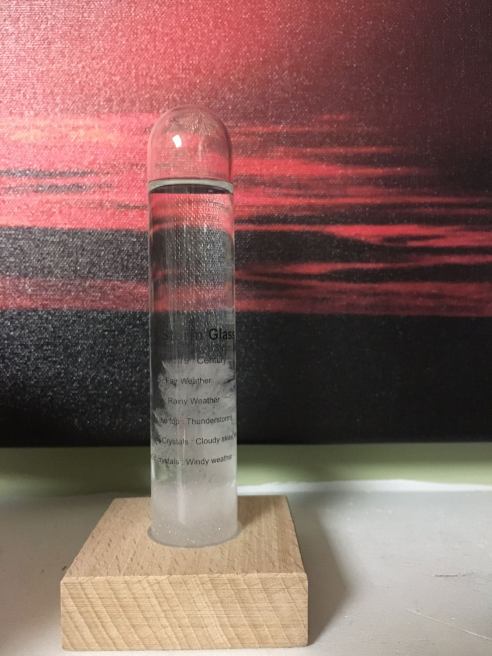 My storm glass forecast on January 25. The glare makes this a little hard to see, but the crystals reach to the words "19th Century" printed on the glass. (Photo: Shala Howell)