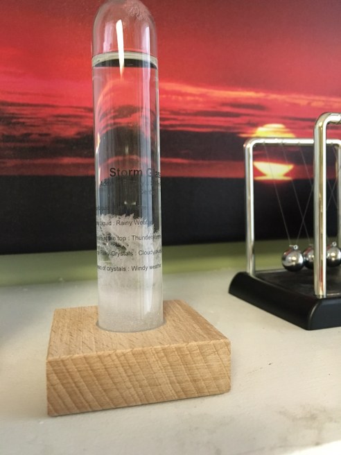 The same storm glass as it appeared on the morning of February 2, 2017. You can see the crystals have dissolved some. (Photo: Shala Howell)
