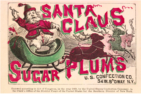 Vintage candy label shows santa clause in a green sled being pulled by one reindeer.