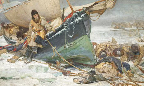 Oil painting showing John Franklin leaning on his boat, trapped in the Arctic ice and surrounded by the dead bodies of his crew.