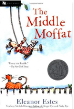 Cover for The Middle Moffatt by Eleanor Estes, it shows a little girl on a swing against a blue and white sky, being watched by a ginger cat on a fence 
