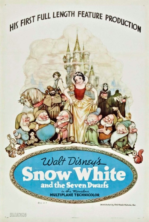 The movie poster for Snow White and the Seven Dwarfs shows Snow White, the 7 dwarfs, the evil queen, and the handsome prince arranged in a rough triangle in the foreground. A grey castle stands in the background. A blue oval at the bottom displays the movie title.