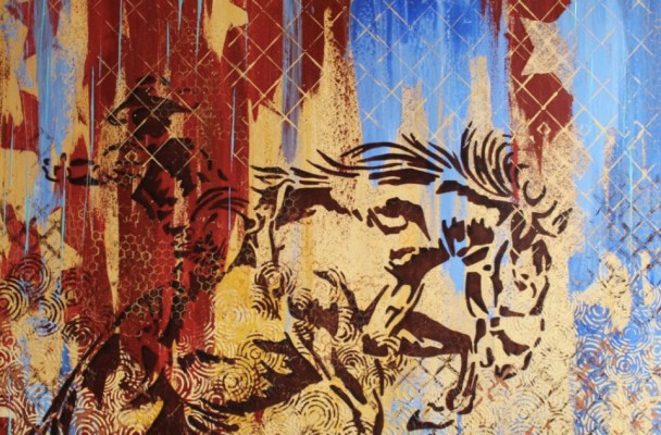 Susan Love's mural Wyoming Home shows horses in outline racing across a background of reds, tans, and blues.