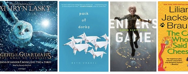 BookCovers for the four books featured in this post: Pack of Dorks, Legends of the Guardians, Ender's Game, and The Cat Who Said Cheese