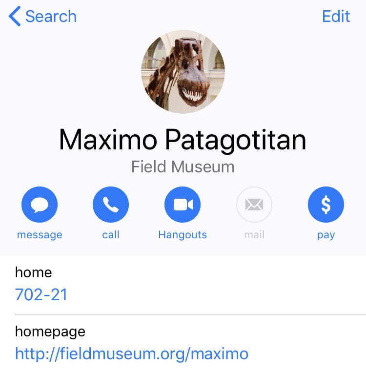 Contact information for Maximo Patagotitan, Field Museum. You can text him at 70221 or find him online at fieldmuseum.org/maximo.