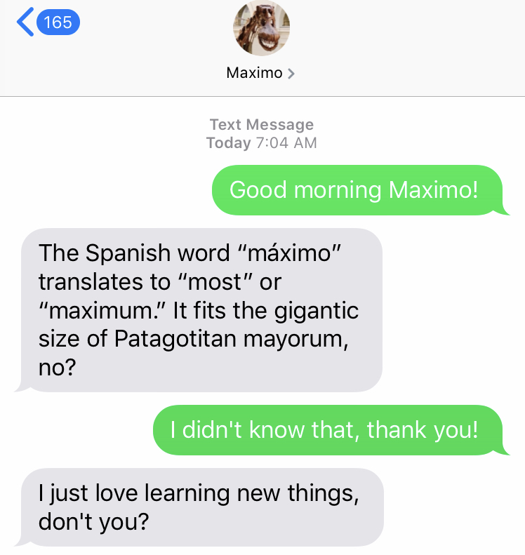 Text chain from 7:04 a.m. between me and Maximo. Transcript follows in the main text.
