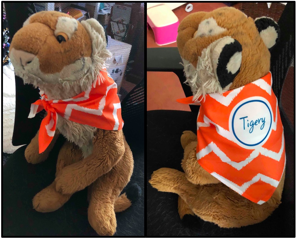 A stuffed tiger sits in an office chair modeling his new orange and white tiger-striped bandana. Bandana reads "Tigery".