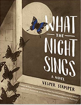 Book cover for What the Night Sings is mainly sepia and cream, except for one blue butterfly. The scene is a swarm of butterflies escaping out the window of a concrete room and flying across the face of the moon. Only the butterfly outside the window is blue. The rest are still sepia/black.