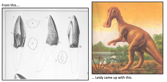 Left: Black and white sketch of three teeth. Right: Painting of a duck-billed dinosaur standing by a pool of water. Brown and green tones. 