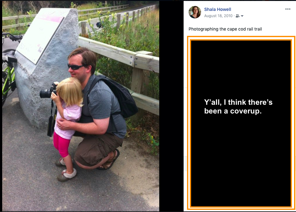Image shows my husband and very young daughter standing next to a giant rock on the Cape Cod Rail Trail. She's holding a camera that's much bigger than her face. My husband is too.