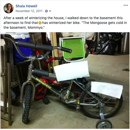 Facebook post text: "After a week of winterizing the house, I walked down to the basement this afternoon to find that my daughter has winterized her bike. 'The Mongoose gets cold in the basement, Mommyo.'"