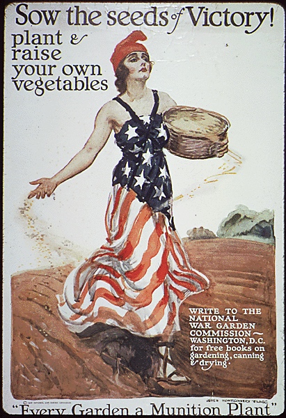 A woman wearing a sleeveless sun dress patterned after the U.S. flag (stars on the bodice, red and white stripes on the skirt) carelessly tosses seeds on a plowed field in this WWI advertising poster. The poster reads "Sow the seeds of victory! Plant and raise your own vegetables"