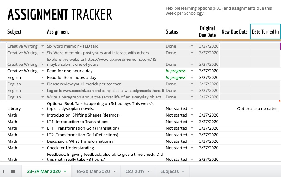 Spreadsheet with columns for subject, assignment, status, due dates. Completed items turn grey.
