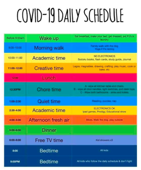 Jessica McHale's Covid-19 Daily Schedule is a color-coded chart with plans for every hour of the day from 9 a.m. to 9 p.m. It includes a morning walk, academic blocks, creative blocks, chores, quiet time, and outside play time. 