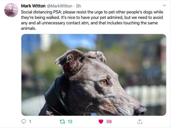 Tweet from @MarkWitton reads: "Social distancing PSA: Please resist the urge to pet other people's dogs while they're being walked. It's nice to have your pet admired, but we need to avoid any and all unnecessary contact atm, and that includes touching the same animals."