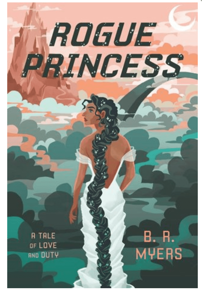 Book cover for Rogue Princess shows a young black woman with long curly hair standing on a hill overlooking a forest. A mountain looms in the background.