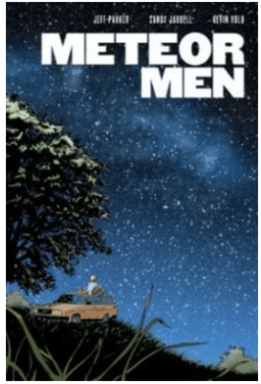 Cover for Meteor Men shows a child under a tree looking up at a star-filled night sky. 