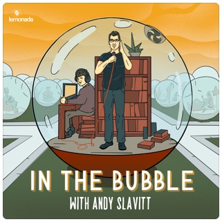 Cartoon image shows Andy Slavitt on the phone and his son Zach working the computer as they record their podcast from within a glass bubble. Behind them are lots of other bubbles representing other families in America  doing their best to weather this pandemic.