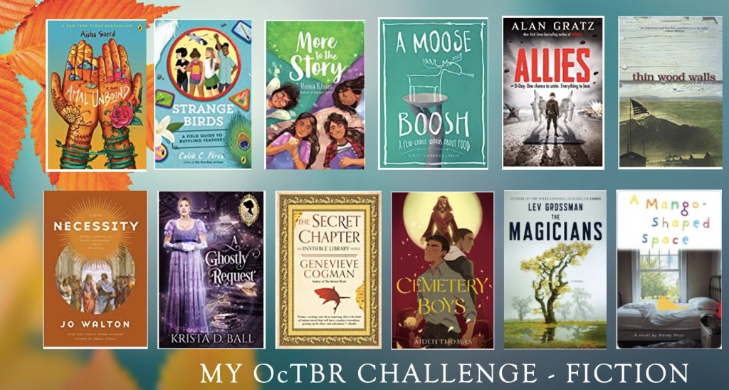 A collage of book covers, includes Amal Unbound by Aisha Saeed, Strange Birds by Celia Perez, More to the Story by Hena Khan, A Moose Boosh by Eric-Shabazz Larkin, Allies by Alan Gratz, Thin Wood Walls by David Patneaude, Necessity by Jo Walton, A Ghostly Request by Krista D. Ball, The Secret Chapter by Genevieve Cogman, Cemetery Boys by Aiden Thomas, The Magicians by Lev Grossman, A Mango-Shaped Space by Wendy Mass.