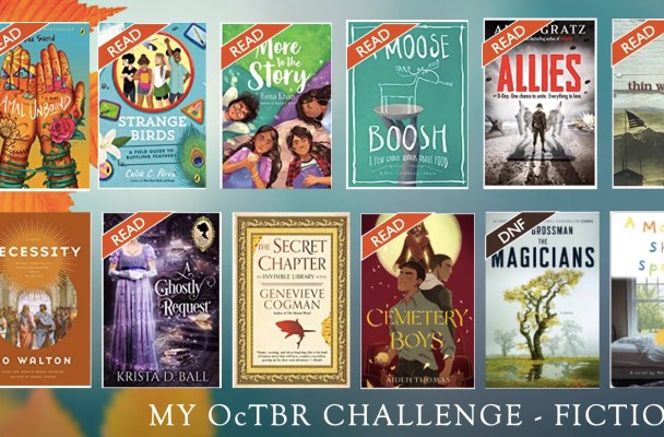 A collage of the books I planned to read in October, with the books I've read so far flagged. The next paragraph of the post lists them, so I won't list them here. No need to make you list to that twice.