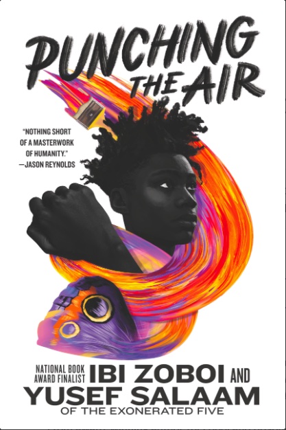 Book cover for Punching the Air shows a swirl of orange, red, and purple around a black teenage boy's head and fist. 