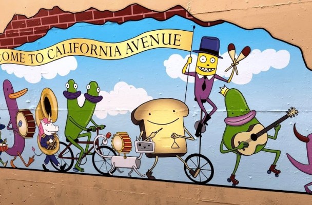 Mural of a marching band consisting of a variety of foods playing various instruments. The mural reads Welcome to California Avenue.