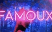 A slice of the book cover for the Famoux, showing the book title and the head of the blonde woman in front of stage lights.