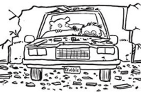 Image shows Timmy Failure and his Polar bear in the car which Timmy has just driven through the wall of the wrong neighbor's house.