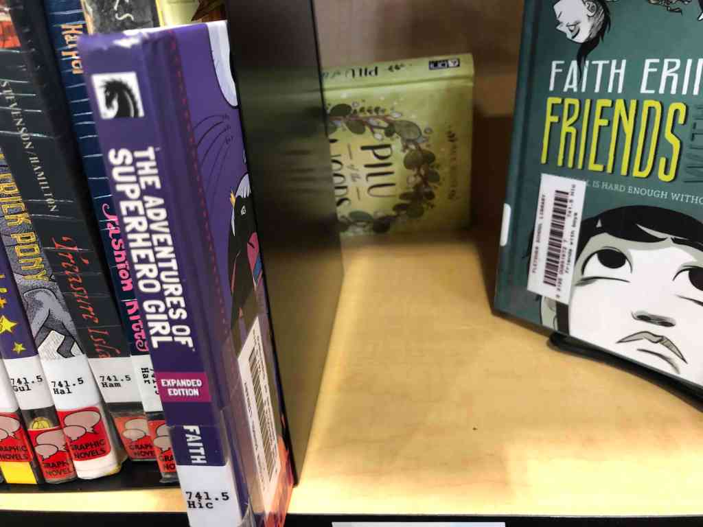 Behind the front row of books, you can see Pilu of the Woods, lying on its side, clearly pushed back where a student hopes no one will notice it. 