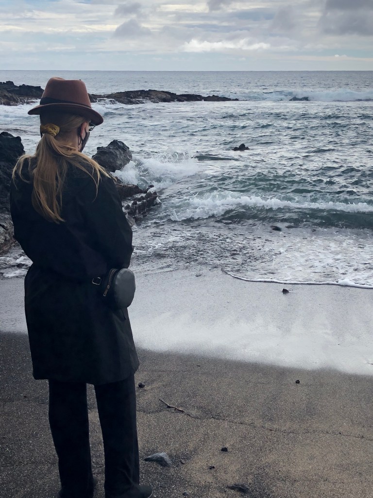 My daughter, dressed in black trench coat, with a brown fedora, a black mask, a long blond ponytail, and of course black pants and shoes, on a beach made mostly of black & brown sand, with lava rocks and a steel grey sea. It's all very goth and she plans to use it as her author photo one day. 