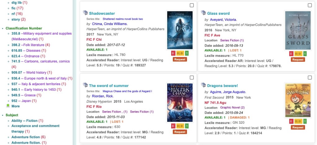Display of results from our library catalog software after a keyword search for sword.