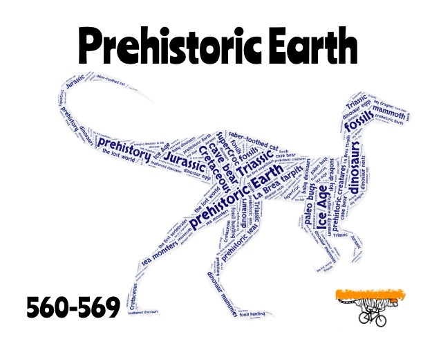 Nonfiction sign has a word cloud in the shape of a therapod dinosaur. The topics making up the cloud include keywords like Triassic, prehistoric Earth, paleo bugs, Ice Age, and of course, dinosaurs. 